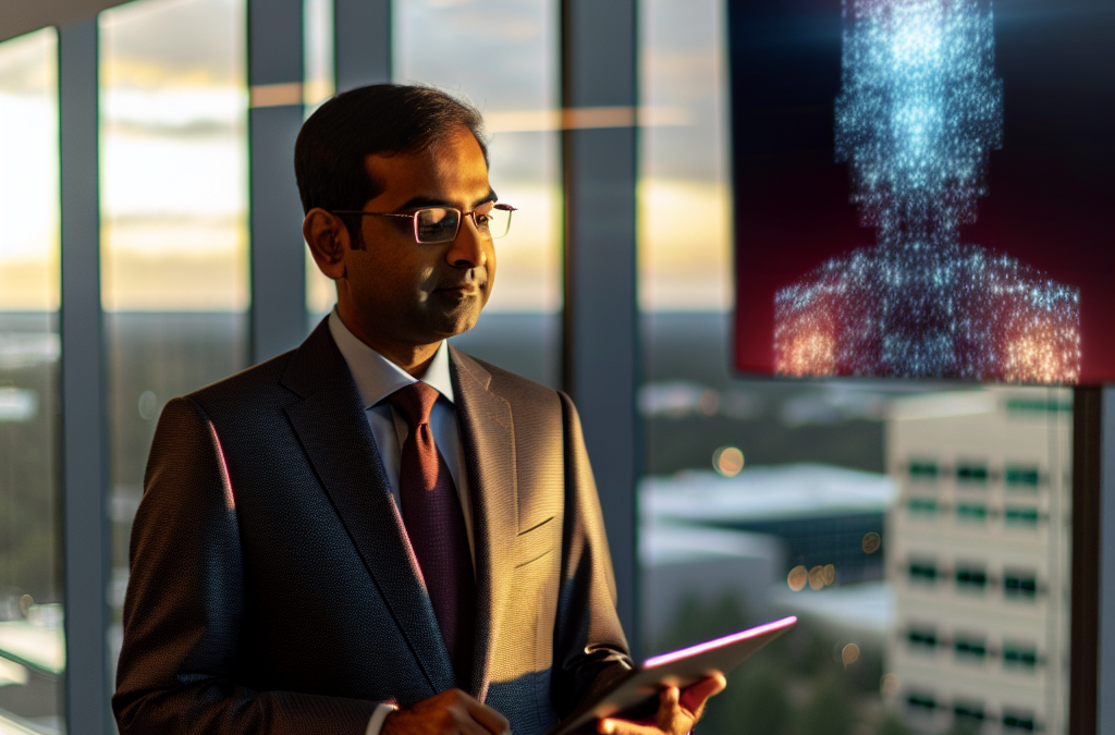 Professional business leader in a modern office reviewing AI-driven education concepts on a tablet in Northern Virginia