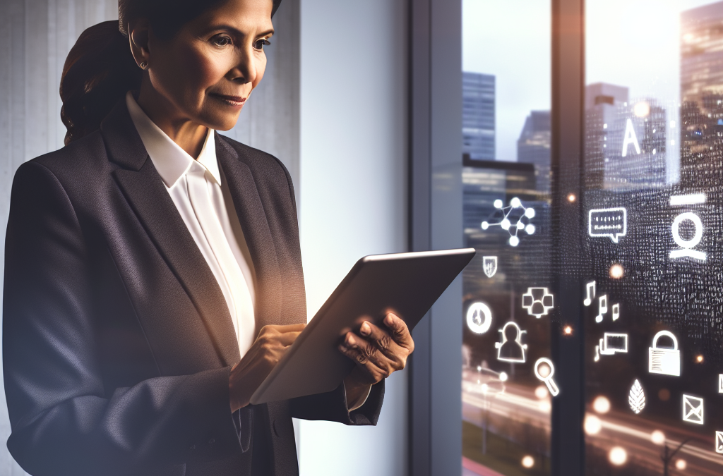 Business leader in a modern Northern Virginia office using a tablet, representing AI and education initiatives